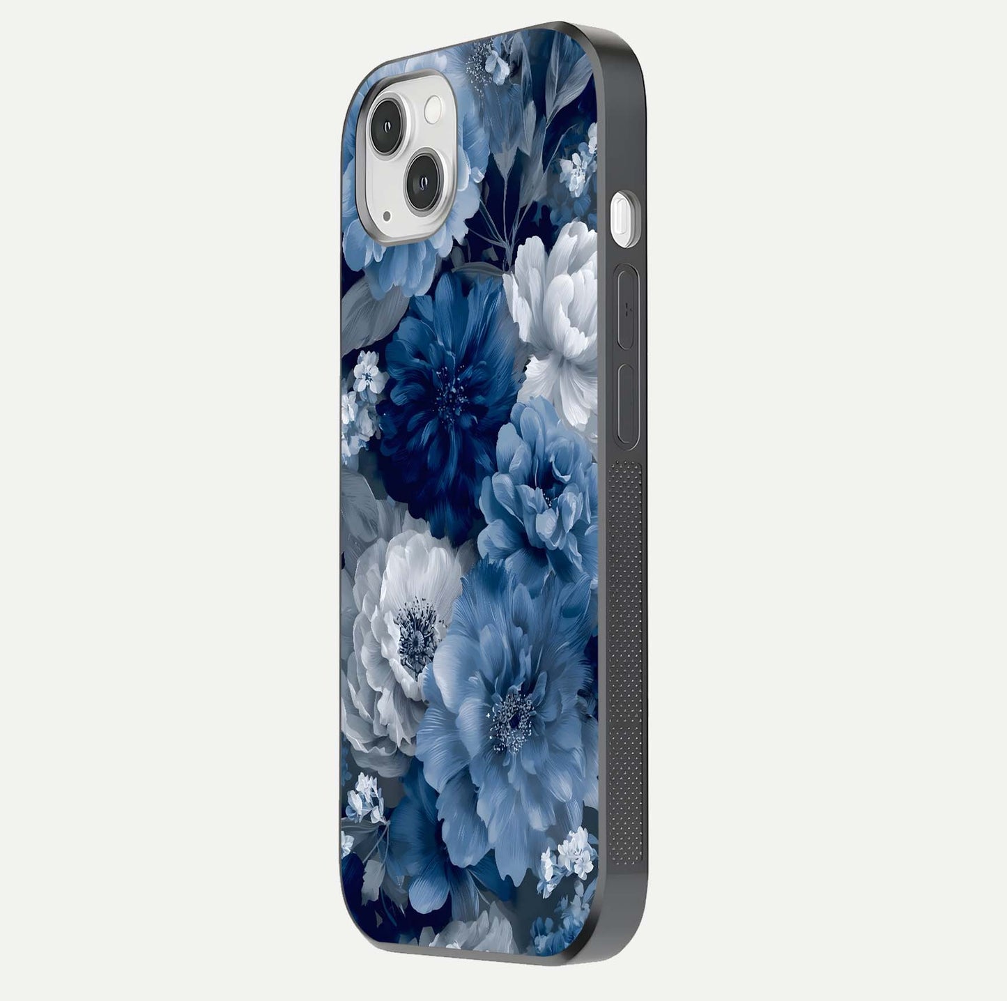 Royal Bloom Garden Glass Case for iPhone 14 Plus side-angle image showing floral pattern, edges, and reflection