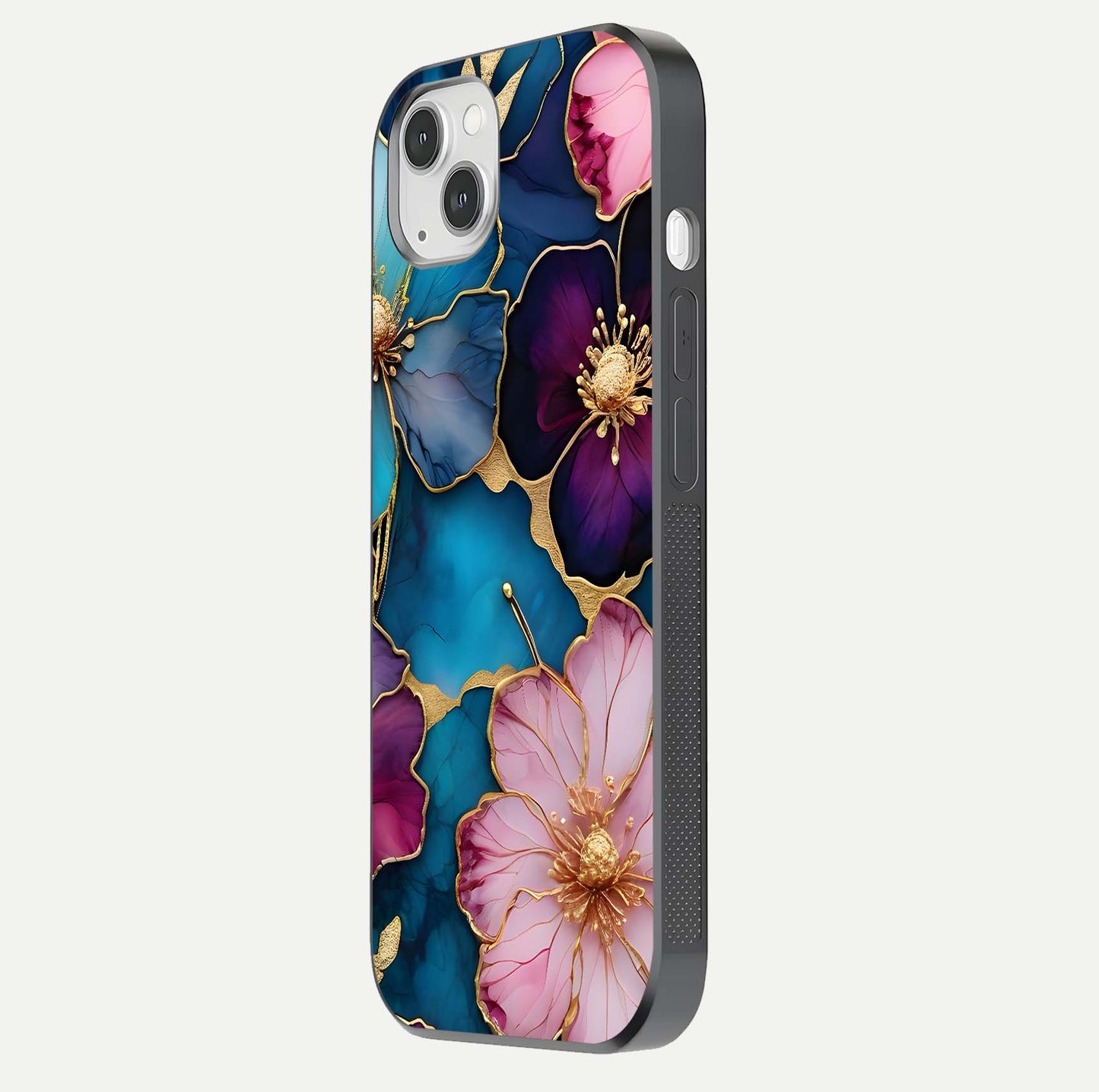 Sparkle Floral Glass Case for iPhone 14 Plus side-angle image showing reflection, gloss, and floral texture