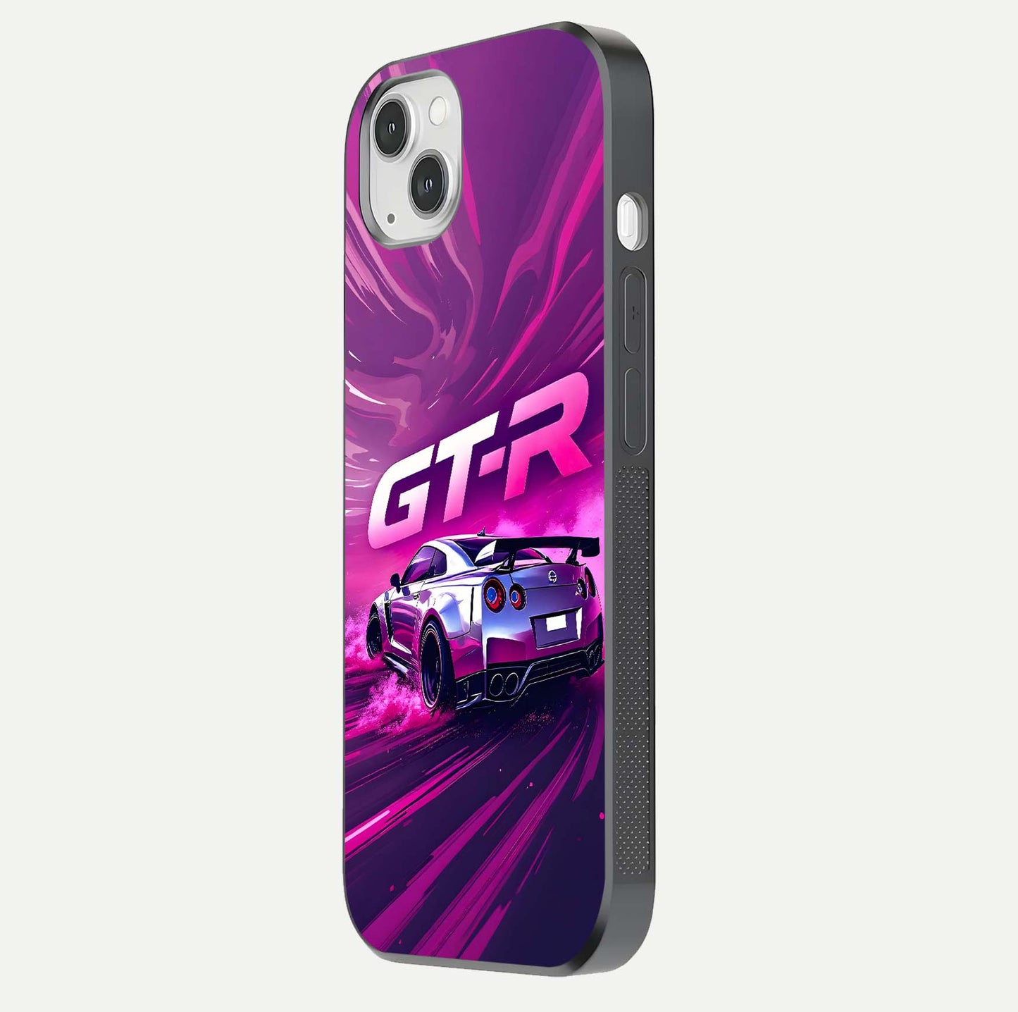 Speed Drift Legend Glass Case for iPhone 14 Plus side-angle image showing car print reflection and surface gloss