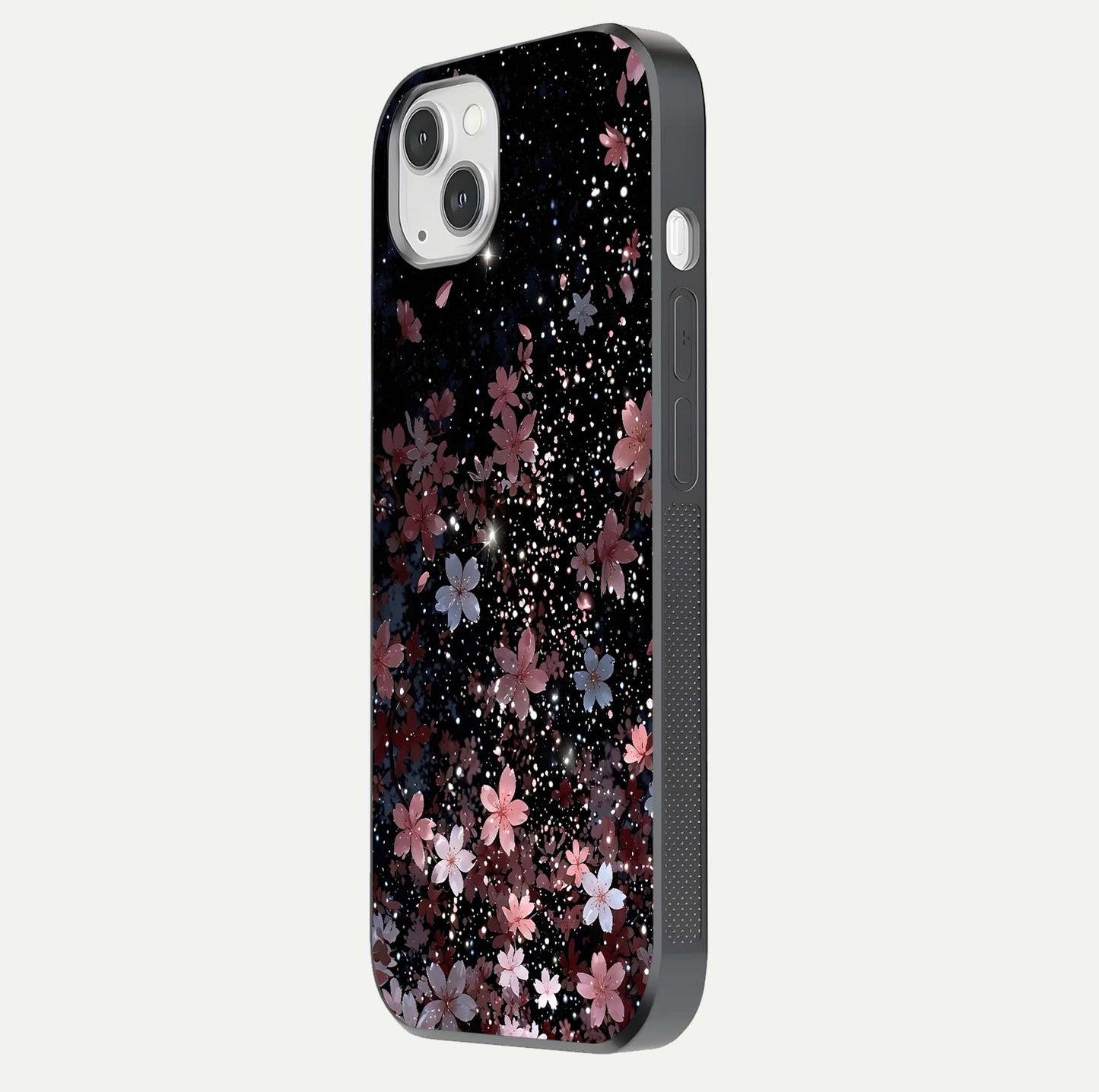 Starlit Flower Dreams Glass Case for iPhone 14 Plus side-angle image showing shine, edge detail, and floral contrast