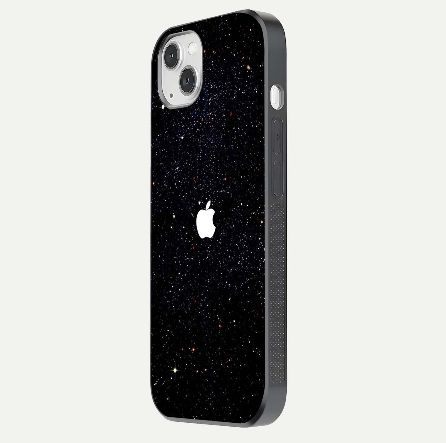 Starry Apple Galaxy Glass Case for iPhone 14 Plus side-angle image showing gloss and star pattern detail