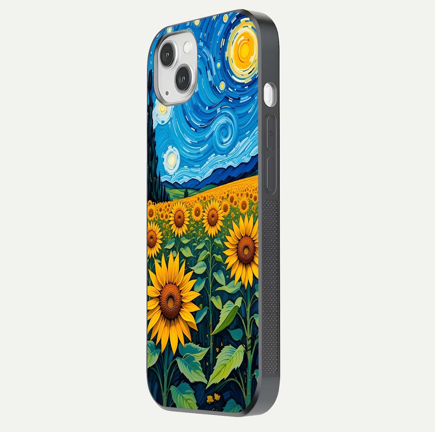 Starry Sunflower Dreams Glass Case for iPhone 14 Plus side-angle image showing reflection, stars, and yellow tone