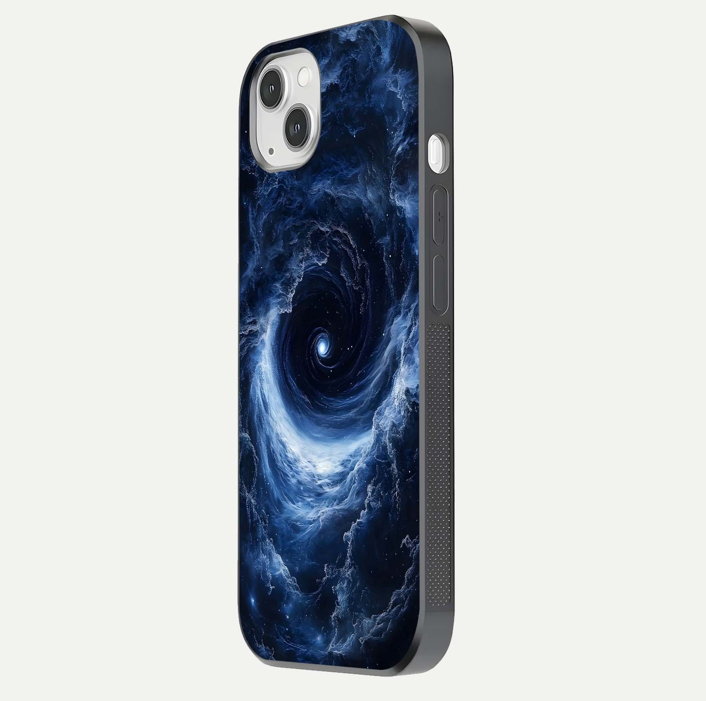 Stunning Galaxy Glass Case for iPhone 14 Plus side-angle image showing glossy reflection and space detailing