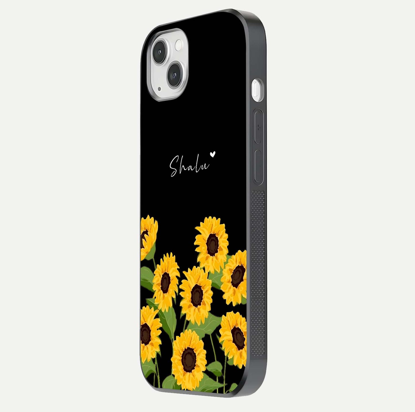 Sunflower Chic Mood Custom Name Glass Case for iPhone 16 Pro side-angle image showing reflection and yellow floral tone