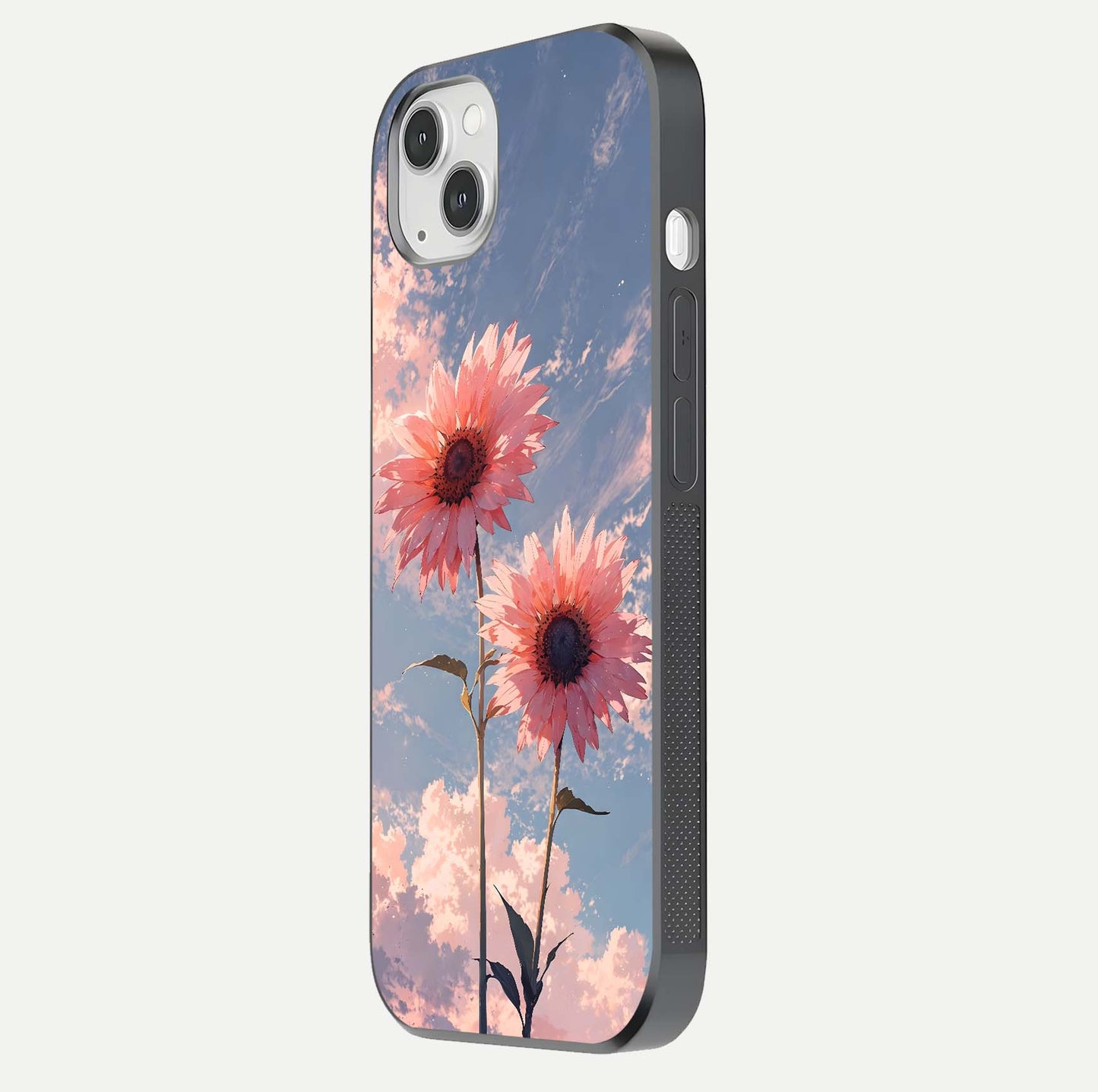Sunlit Daisy Glow Glass Case for iPhone 14 Plus side-angle image showing shine, gloss, and floral highlight
