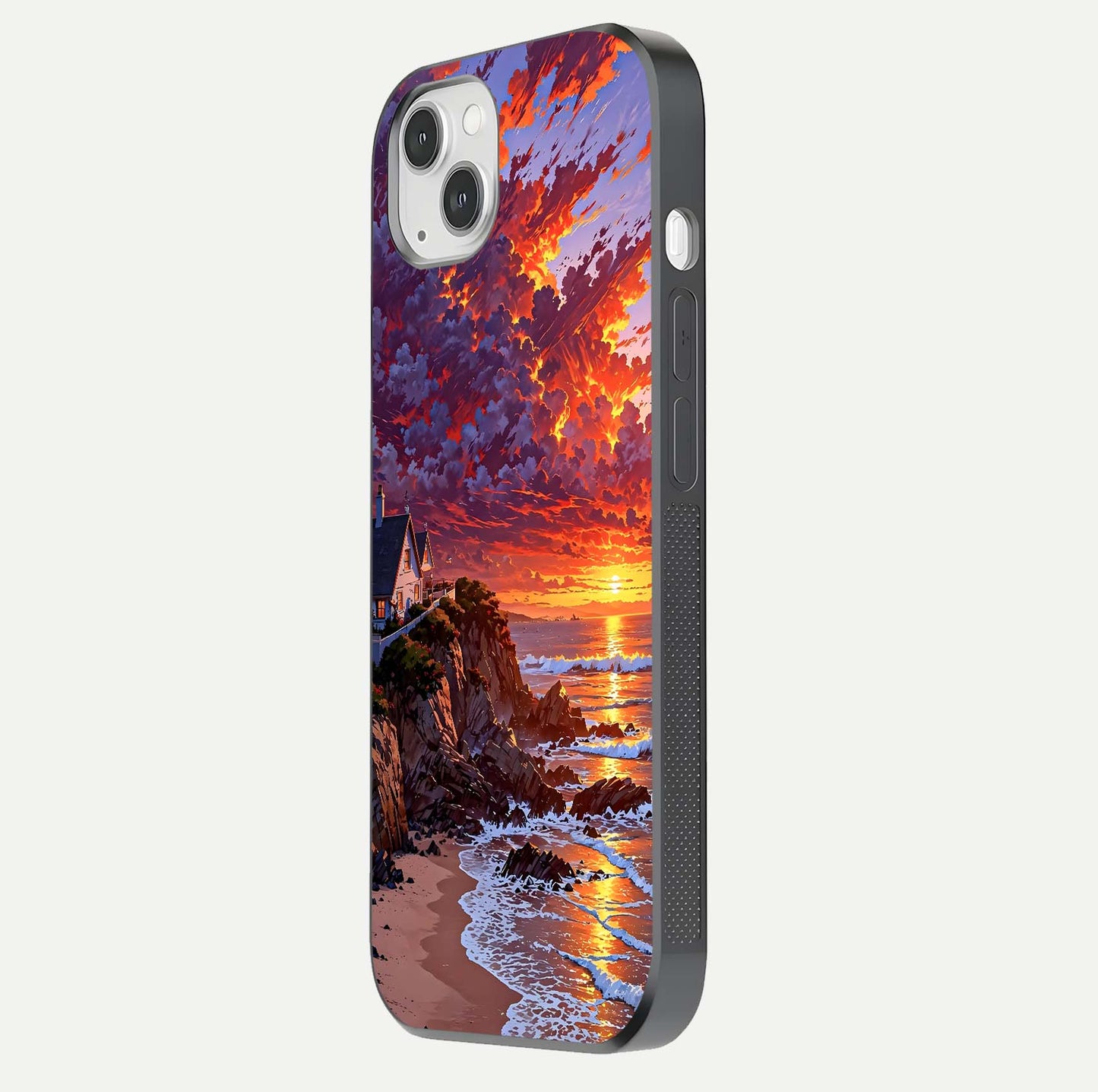 Sunset House by Sea Glass Case for iPhone 14 Plus side-angle image showing reflection and seaside color tone