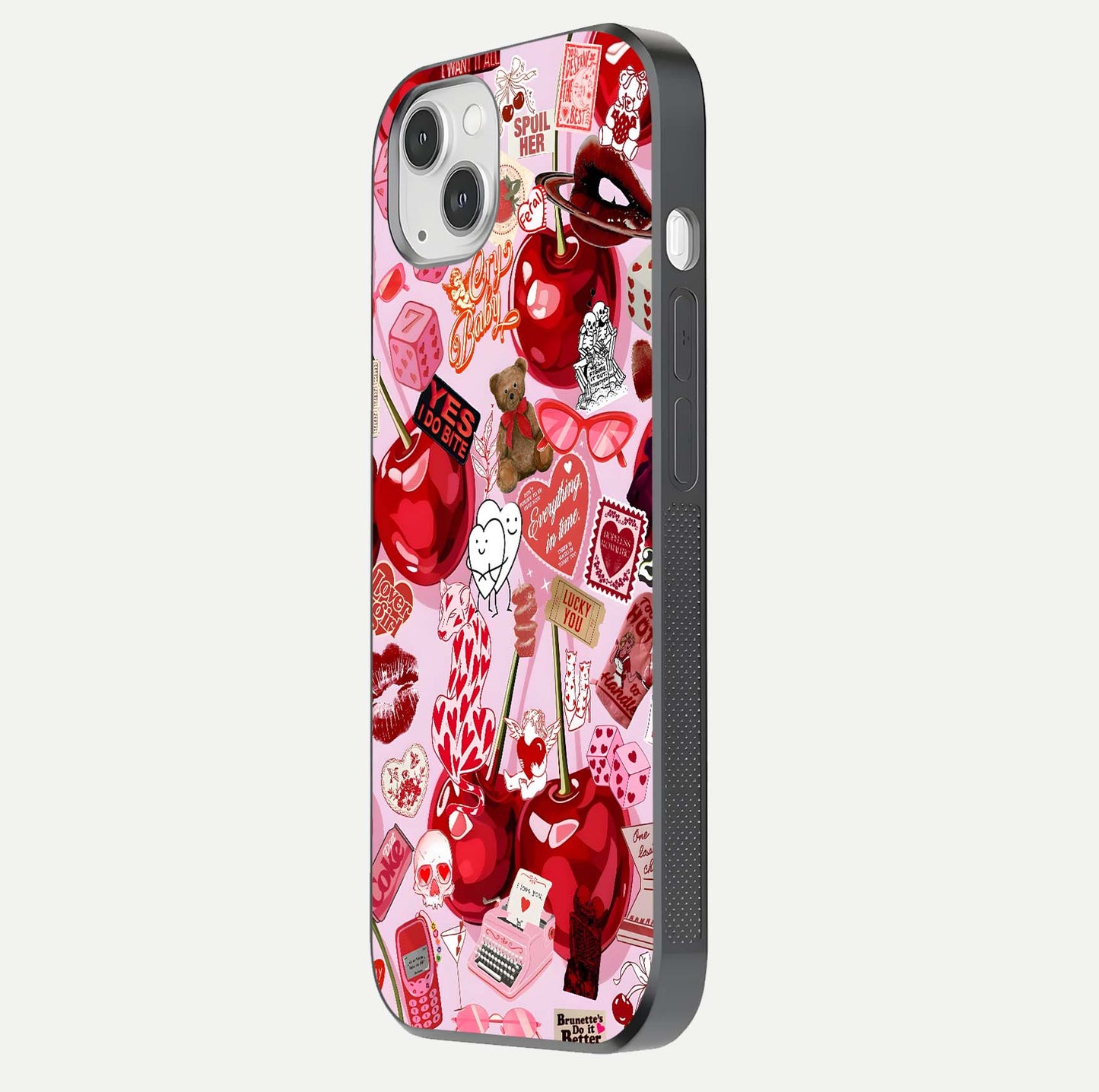 Sweet Cherry Chaos Glass Case for iPhone 14 Plus side-angle image showing shine, gloss, and cherry details