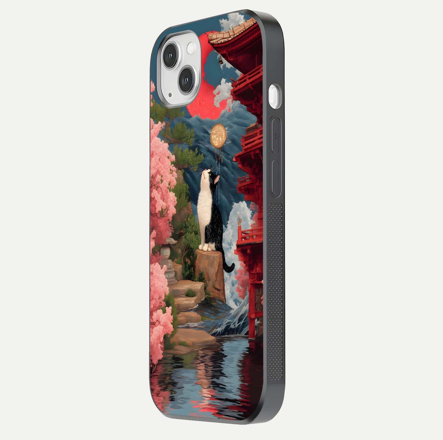 Temple Cat Scenery Glass Case for iPhone 14 Plus side-angle image showing shine and printed temple pattern