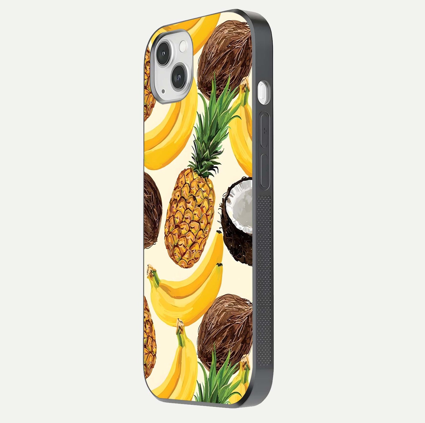 Tropical Fruit Mood Glass Case for iPhone 14 Plus side-angle image showing reflection, gloss, and fruit details
