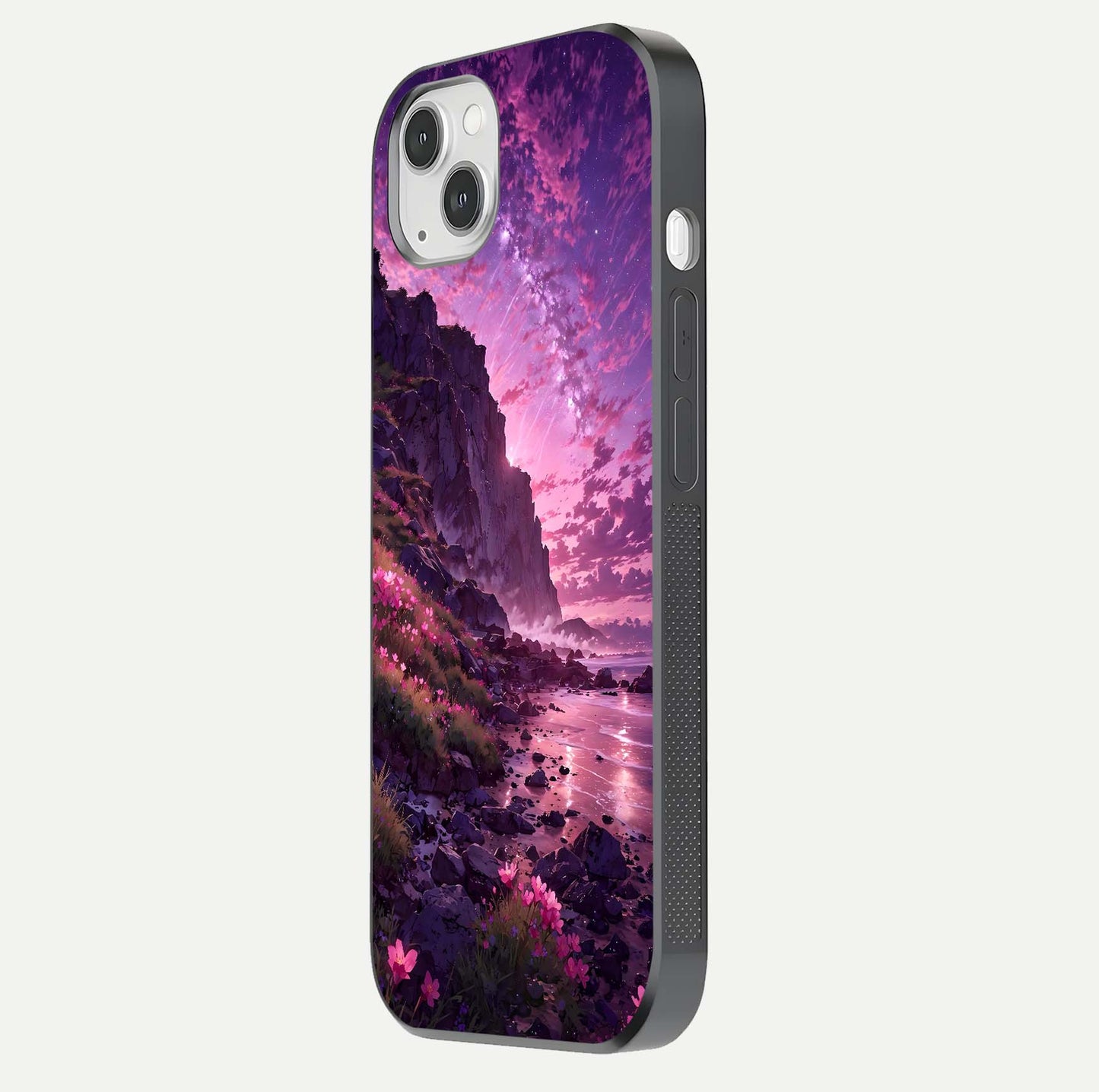 Twilight Blossom Coast Glass Case for iPhone 16 Pro side-angle image showing shine, reflection, and petal tone