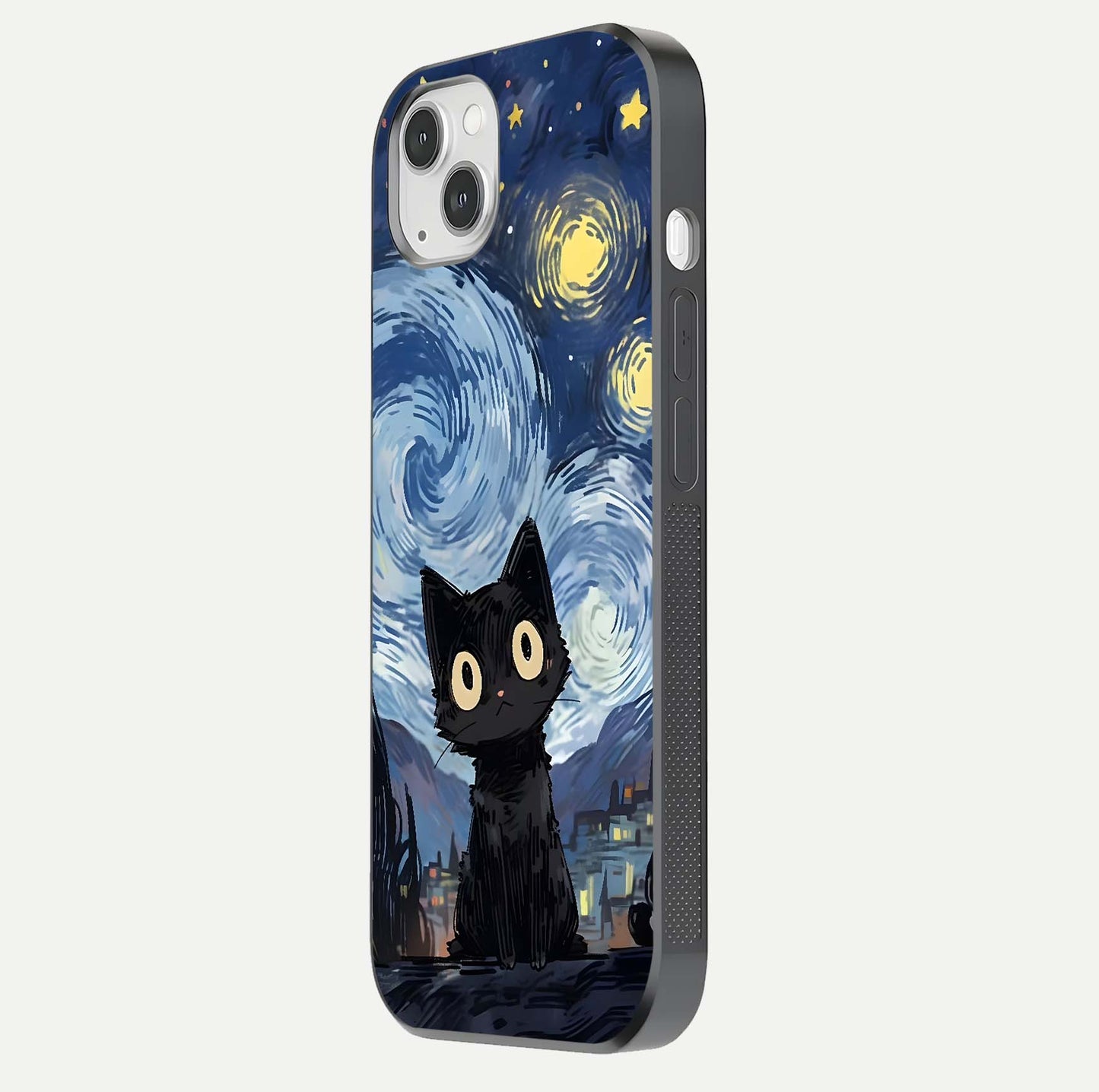 Van Gogh Cat Glass Case for iPhone 14 Plus side-angle image showing light reflection and vivid artwork