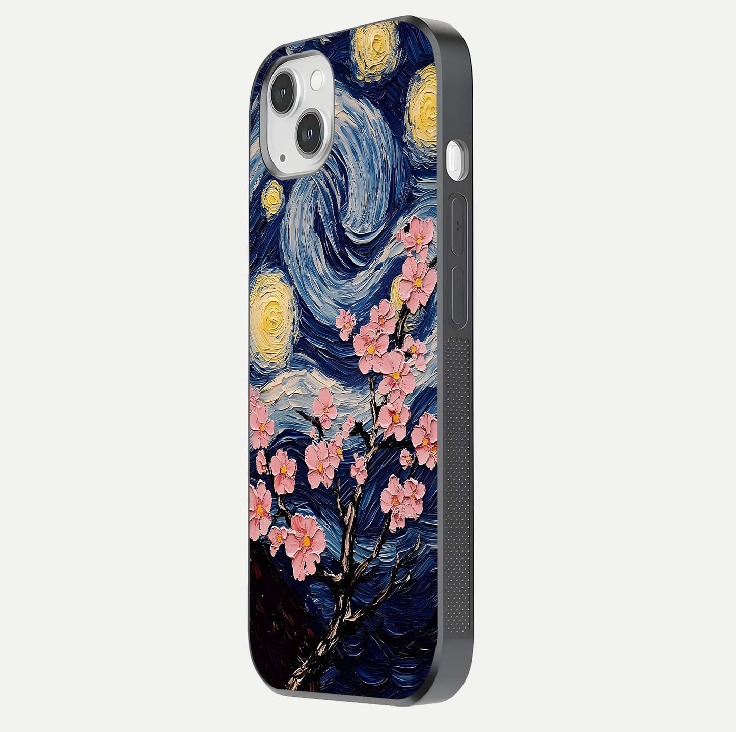 Van Gogh Scenery Glass Case for iPhone 14 Plus side-angle image showing shine, gloss, and scenic color palette