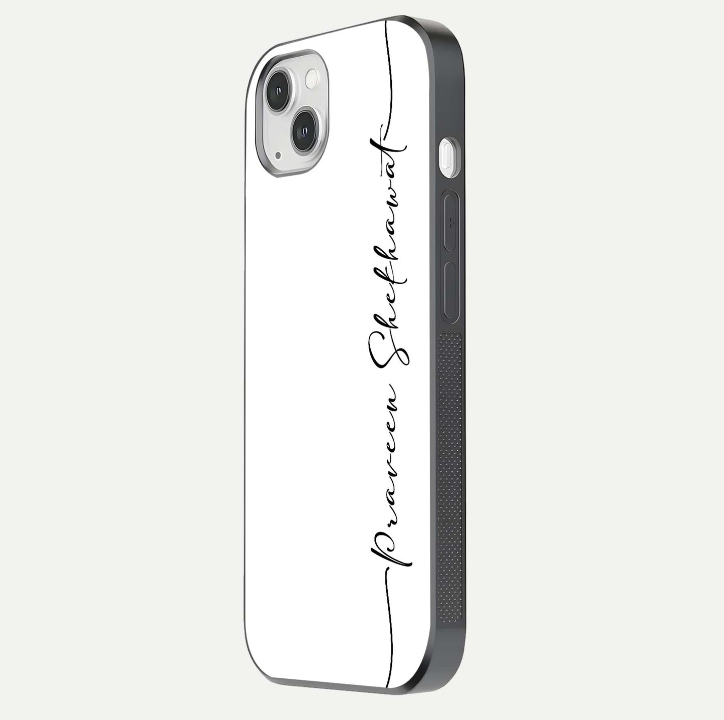 White Tune Custom Name Glass Case for iPhone 14 Plus side-angle image showing shine, gloss, and minimal tone