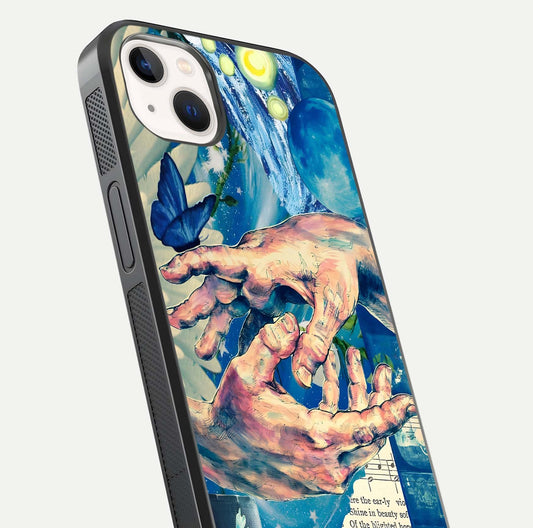 Aesthetic Divider Glass Case for iPhone 14 Plus close-up angled shot showing detailed divider artwork and gloss reflection