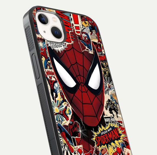 Aesthetic Wonder Spider Glass Case for iPhone 14 Plus angled close-up highlighting spider web detail and vibrant color gloss