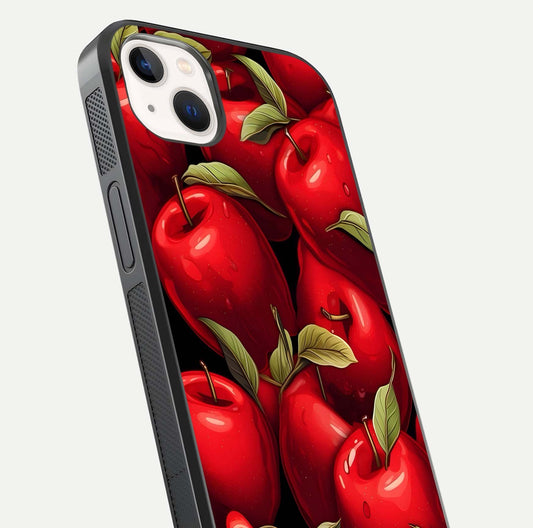 Apple Pattern Glass Case for iPhone 14 Plus close-up angle showing pattern texture and shine reflection