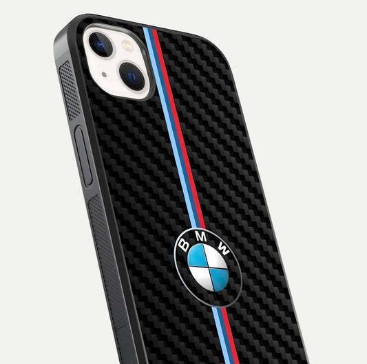 BMW Pattern Glass Case for iPhone 14 Plus close-up angle showing BMW logo detailing and high-reflect gloss texture