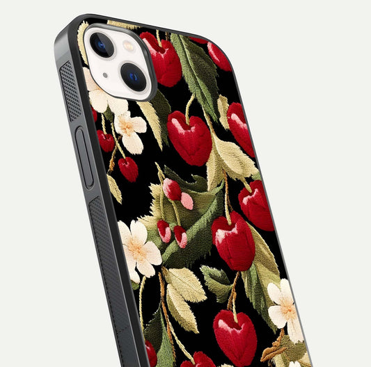 Bloom Thread Art Glass Case for iPhone 14 Plus close-up view highlighting fine line details and glossy shine