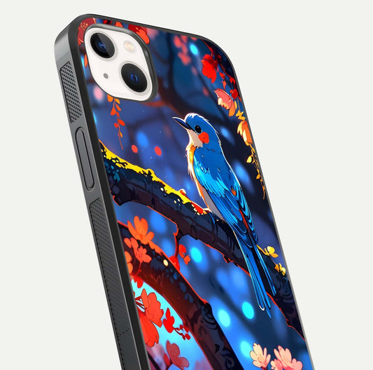 Blooming Spendor Bird Glass Case for iPhone 14 Plus close-up shot highlighting bird design details and glossy shine