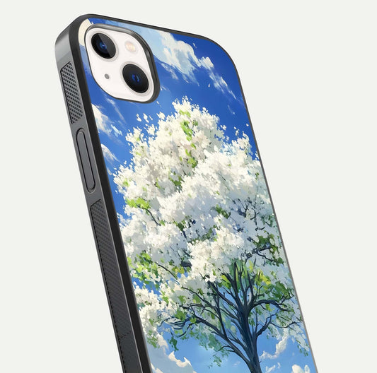 Blossom Sky Serenity Glass Case for iPhone 14 Plus close-up highlighting calming flower details and reflection gloss