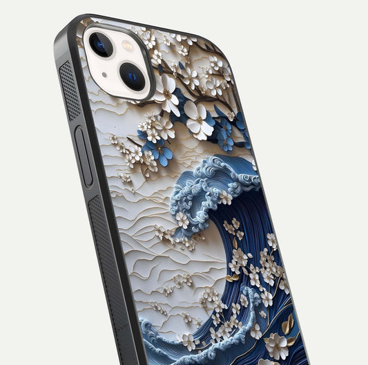 Blossom Wave Art Glass Case for iPhone 14 Plus close-up shot highlighting wave motion in floral art and reflection