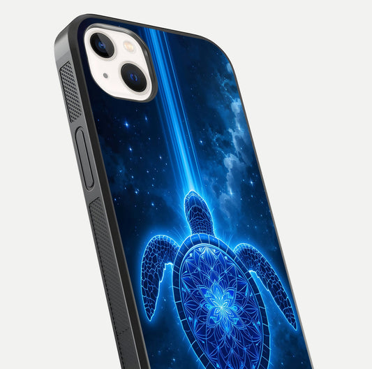 Blue Galaxy Turtle Glass Case for iPhone 14 Plus close-up image showing turtle shell detail and glowing galaxy tones