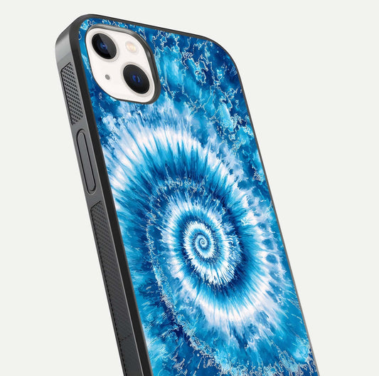 Blue Galaxy Wave Glass Case for iPhone 14 Plus close-up highlighting fluid wave motion and deep-blue reflection