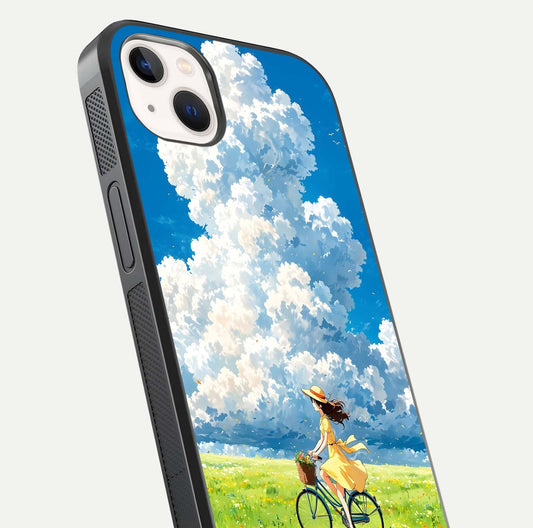 Breezy Meadow Ride Glass Case for iPhone 14 Plus close-up shot showing flowers and breezy motion texture