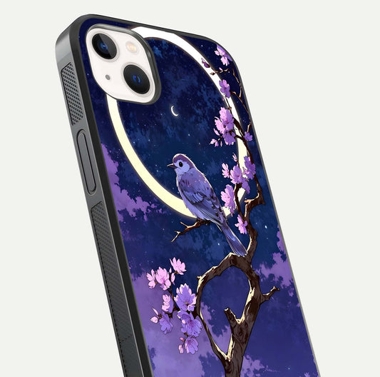 Celestial Bird Blossom Glass Case for iPhone 14 Plus close-up capturing bird detail, petal reflection, and gloss shine
