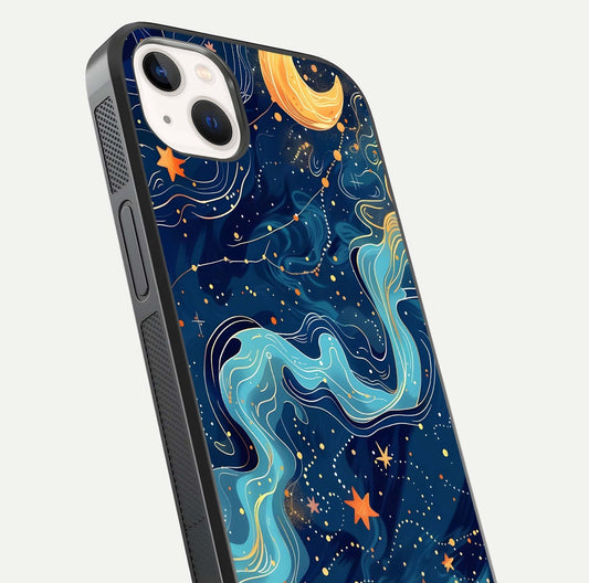 Celestial Dream Flow Glass Case for iPhone 14 Plus close-up highlighting star reflections and smooth glow gradient