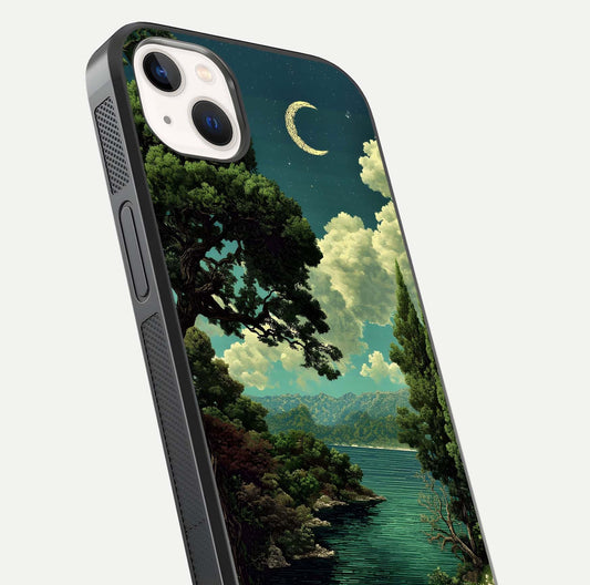 Celestial Lake Peace Glass Case for iPhone 14 Plus close-up highlighting moon reflection and glossy texture