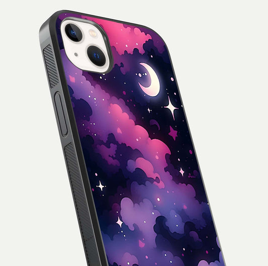 Celestial Moon Magic Glass Case for iPhone 14 Plus close-up view highlighting moon crater detail and glass shine
