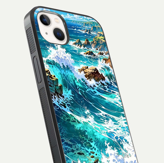 Coastal Blue Waves Glass Case for iPhone 14 Plus close-up highlighting wave texture and blue shine