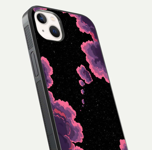 Cosmic Cloud Journey Glass Case for iPhone 14 Plus close-up highlighting star clusters and reflection texture