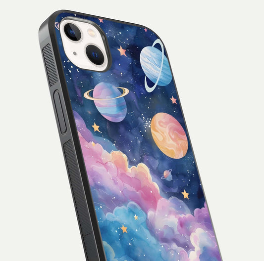 Cosmic Planet Dreams Glass Case for iPhone 14 Plus close-up highlighting planetary details and reflection glow