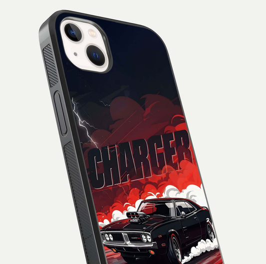 Dark Charger Fury Glass Case for iPhone 14 Plus close-up highlighting car reflection and light gloss