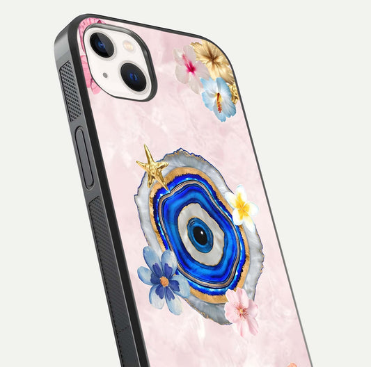 Divine Aura Bloom Glass Case for iPhone 14 Plus close-up highlighting flower glow and reflection tone