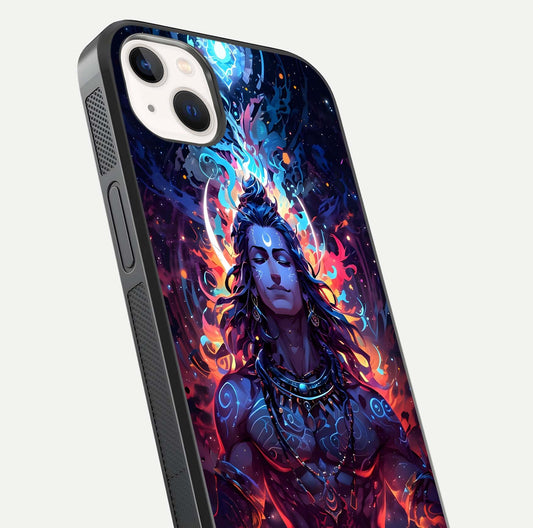 Divine Fire Shiv Glass Case for iPhone 14 Plus close-up highlighting divine detailing and reflection depth