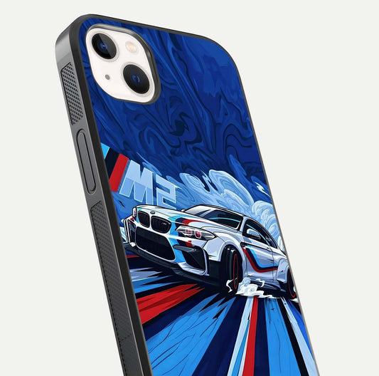 Drift Power Rush Glass Case for iPhone 14 Plus close-up highlighting car reflection and metallic tones