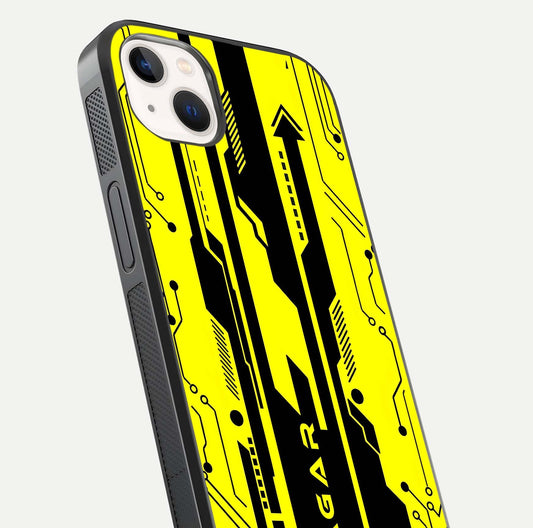Electric Pulse CYBERPUNK Custom Name Glass Case for iPhone 14 Plus close-up highlighting tech pattern, lighting effect, and reflection shine
