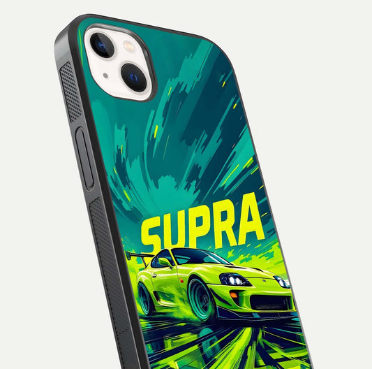 Electric Supra Thunder Glass Case for iPhone 14 Plus close-up highlighting car reflection, neon tones, and gloss polish