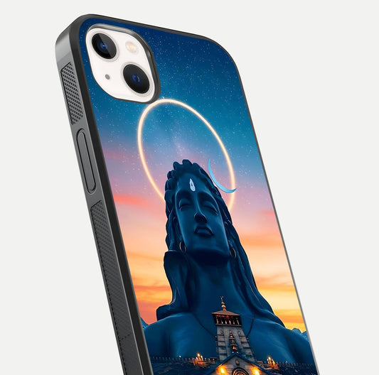 Eternal Shiva Aura Glass Case for iPhone 14 Plus close-up highlighting divine detailing and reflection light