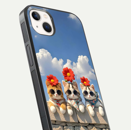 Floral Kitty Squad Glass Case for iPhone 14 Plus close-up highlighting cat detail and flower patterns with HD shine