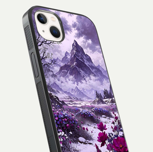 Flower Mountain View Glass Case for iPhone 14 Plus close-up highlighting petal details and sky reflection