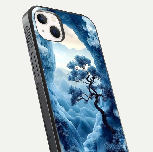 Frozen Serenity Gate Glass Case for iPhone 14 Plus close-up highlighting frosted texture and reflection tone