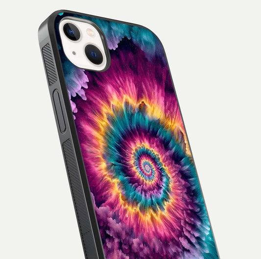 Galactic Spiral Burst Glass Case for iPhone 14 Plus close-up angled shot showing spiral burst detail, neon tones, and glossy reflection