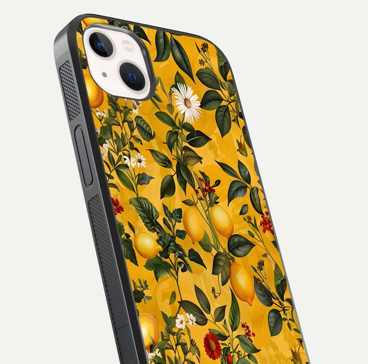 Golden Lemon Field Glass Case for iPhone 14 Plus close-up angled shot showing citrus texture and reflection brilliance
