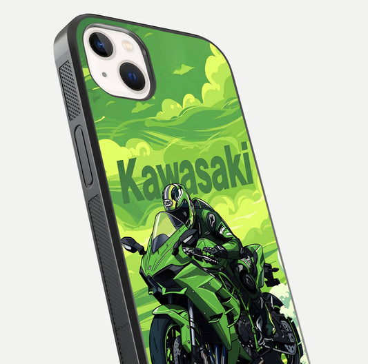 Green Kawasaki Glass Case for iPhone 14 Plus close-up angled shot showing sporty line details and reflection shine
