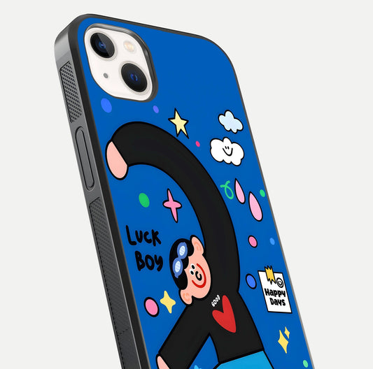 Happy Luck Vibe Glass Case for iPhone 14 Plus close-up angled shot showing color details and reflection shine