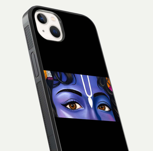 Krishna Eye Glass Case for iPhone 14 Plus close-up angled shot showing intricate artwork and reflection shine